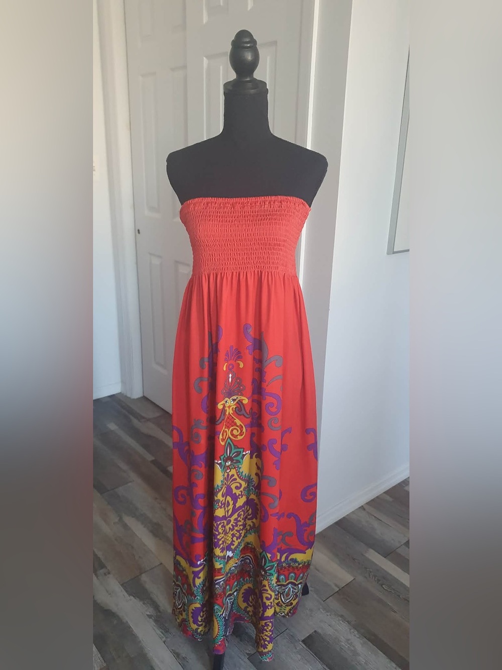 Strapless Printed Maxi Dress in Coral